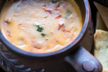 Bowl of queso with tortilla chips