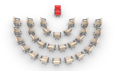 Empty chairs and one red