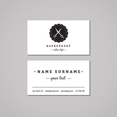 Barbershop business card design concept. Barbershop logo with scissors and badge. Vintage, hipster and retro style. Black and white. Hair salon business card.