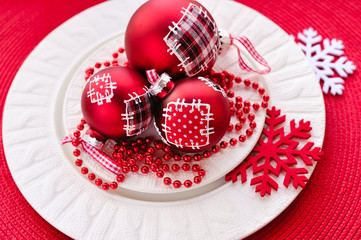 Christmas decorations on plate. Christmas holidays concept