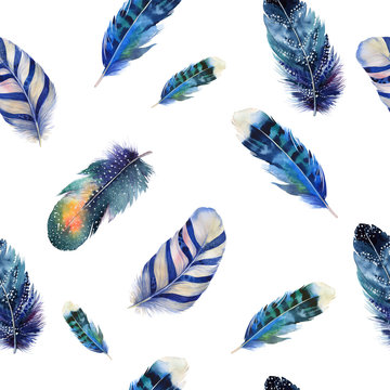 Watercolor birds feathers boho pattern. Seamless texture with ha