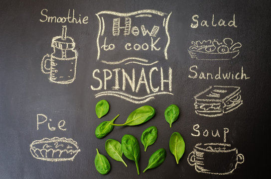 how to cook spinach with spinach on the chalkboard. toning. selective Focus