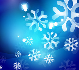 Christmas blue abstract background with white transparent snowflakes