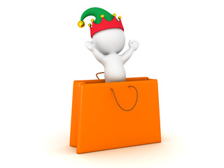 3D Character with Elf Hat Jumping Out of Gift Bag