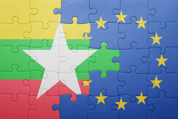 puzzle with the national flag of myanmar and european union