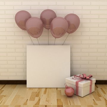 Empty picture frames in modern interior background on the white brick wall with rustic wooden floor with balloons. New Year and christmas concept. Copy space image.