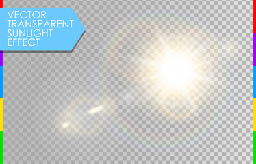 Vector transparent sunlight special lens flare light effect. Sun with rays and spotlight