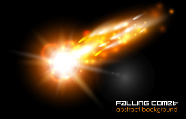 Comet, fireball or meteor glow abstract background. Bright falling flash on black space