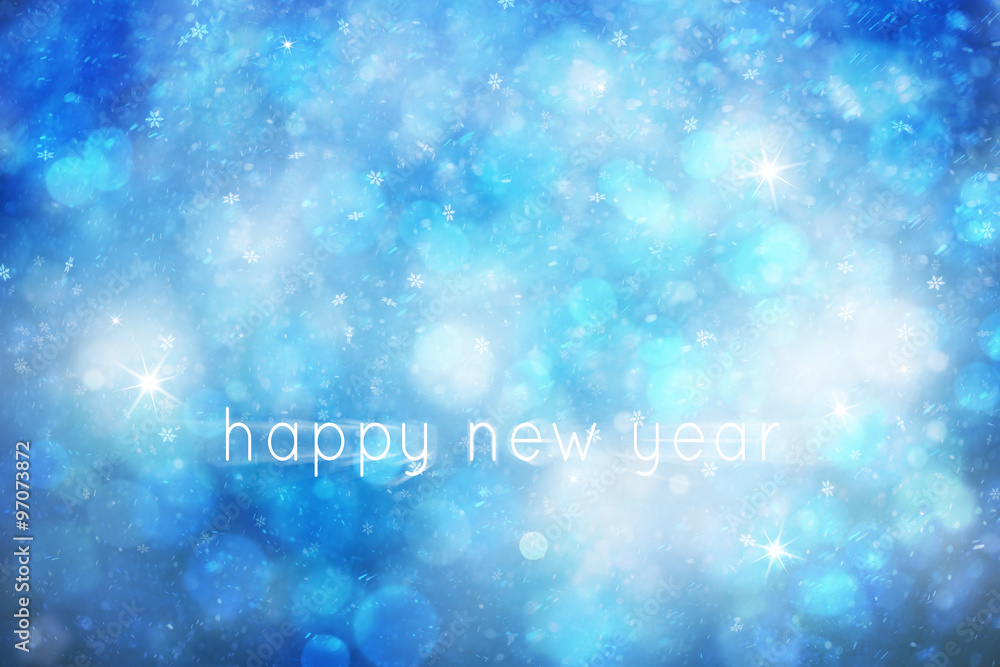 Poster beautiful blue abstract bokeh snowflake and sparkle with shiny motion blurred happy new year message