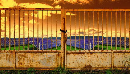 Solar energy panels at sunset