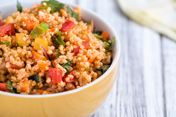 Bowl with homemade Bulgur Salad