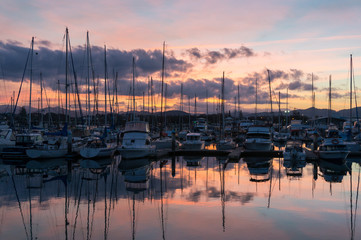 Coffs Harbour bay with yachts, boats at dusk