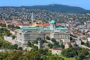 Buda Castle with Royal Palace and Matthias Church in Budapest, Hungary. View from the Gellert Hill.