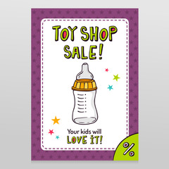 Toy shop vector sale flyer design with feeding bottle