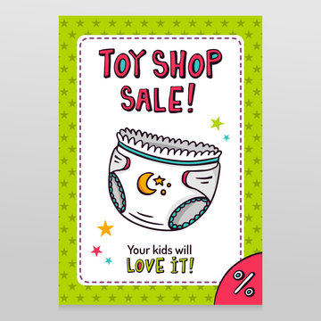 Toy shop vector sale flyer design with baby diaper