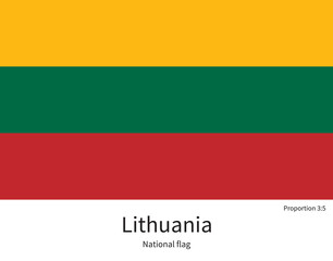 National flag of Lithuania with correct proportions, element, colors