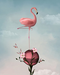 Surreal composition with flamingo and flowers