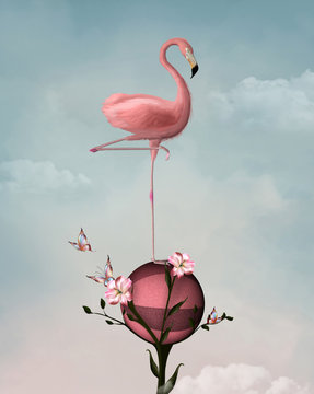 Fototapeta Surreal composition with flamingo and flowers