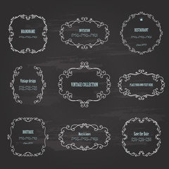 Vintage frames and labels set on chalkboard. Calligraphic design elements.