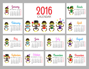 Obraz premium desk calendar vector print template with funny monkeys wearing different clothes. The year on Monkey. Cartoon design calendar for kids