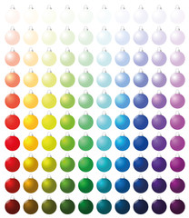Christmas balls, exactly one hundred pieces sorted like a color chart - from very bright to intense dark shades of all colors. Isolated vector illustration on white background.