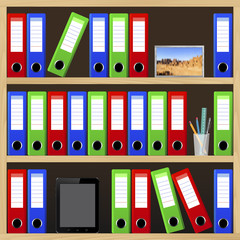 Office shelves with different objects. Vector illustration.