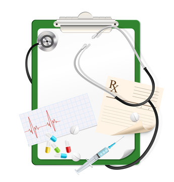 stethoscope on green clipboard with white blank paper, medical p