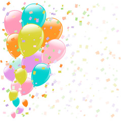 flying colorful balloons and confetti on white background