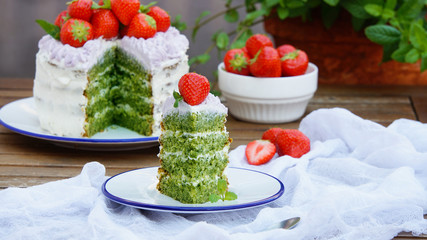 spinach cake with mascarpone cream and strawberry
