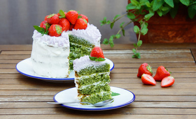spinach cake with mascarpone cream and strawberry
