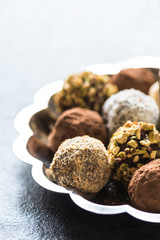 Variety of sweet homemade chocolate pralines