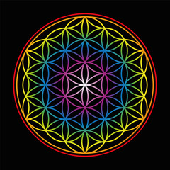 Flower of Life - bright glowing rainbow colored symbol of harmony on black background.