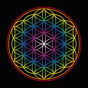 Flower of Life - bright glowing rainbow colored symbol of harmony on black background.