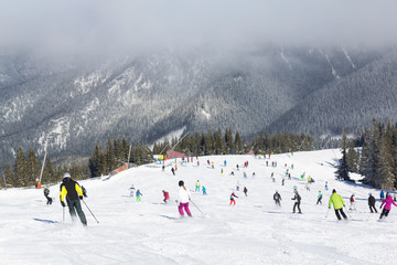 Skiers and snowboarders enjoying good snow