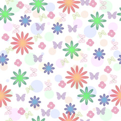 seamless pattern with colorful flowers and butterflies on a white background