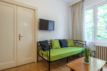 Fototapeta na wymiar Green sofa in apartment interior