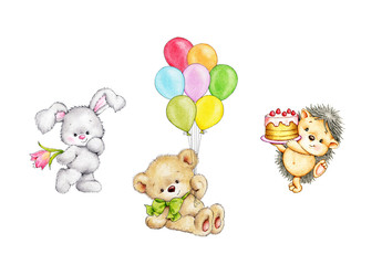 Set of cute animals, bunny, hedgehog, Teddy bear