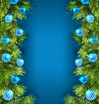 Winter Holiday Wallpaper with Fir Sprigs and Glass Balls 