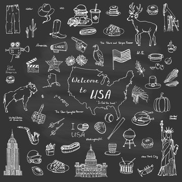 Hand drawn doodle USA set Vector illustration Sketchy american icons United States of America elements Flag Statue of Liberty Eagle Fast food Corn Skyscraper Deer Bison Cowboy hat boot Native American