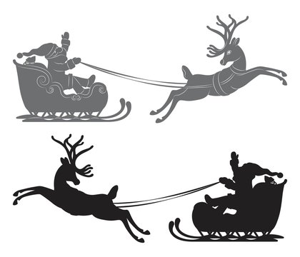 Black vector silhouette, Flying Santa Claus in a reindeer sleigh