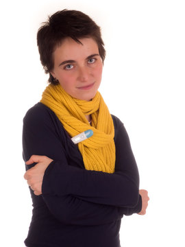 young adult woman with short hair  red top, yellow scarf, blue jeans on  white background in different poses, and various facial expressions. Not Isolated