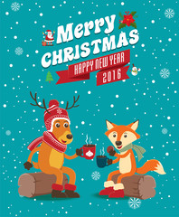 Vintage Christmas poster design with reindeer & fox