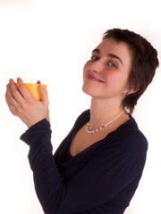 young adult woman with short hair  red top, on  white background in different poses, and various facial expressions. Not Isolated