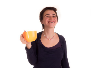 young adult woman with short hair  red top, on  white background in different poses, and various facial expressions. Not Isolated