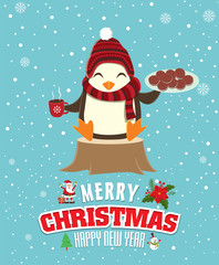 Vintage Christmas poster design with penguin