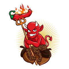 Devil  with Hot Chili Pepper Cartoon Character