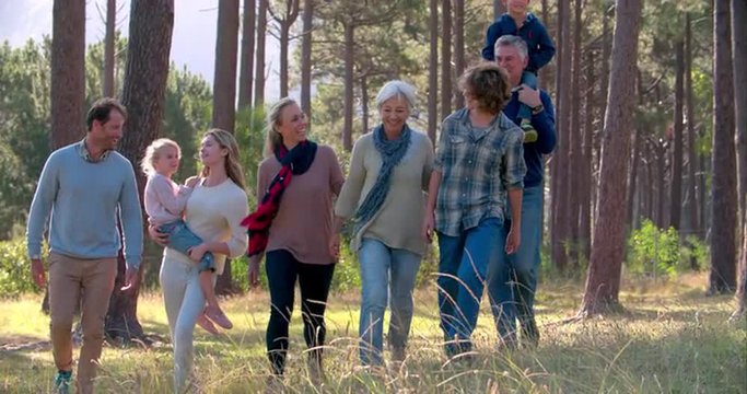 Multi generation family with four siblings walking outdoors