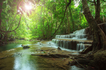 beautiful hauy mae kamin water falls in deep forest kanchanaburi