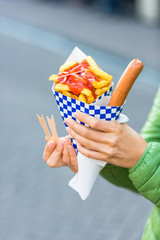 Female hands holding paper cone with a hot sausage and french fr