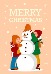 Greeting Card Kids build a Snowman Merry Christmas Party